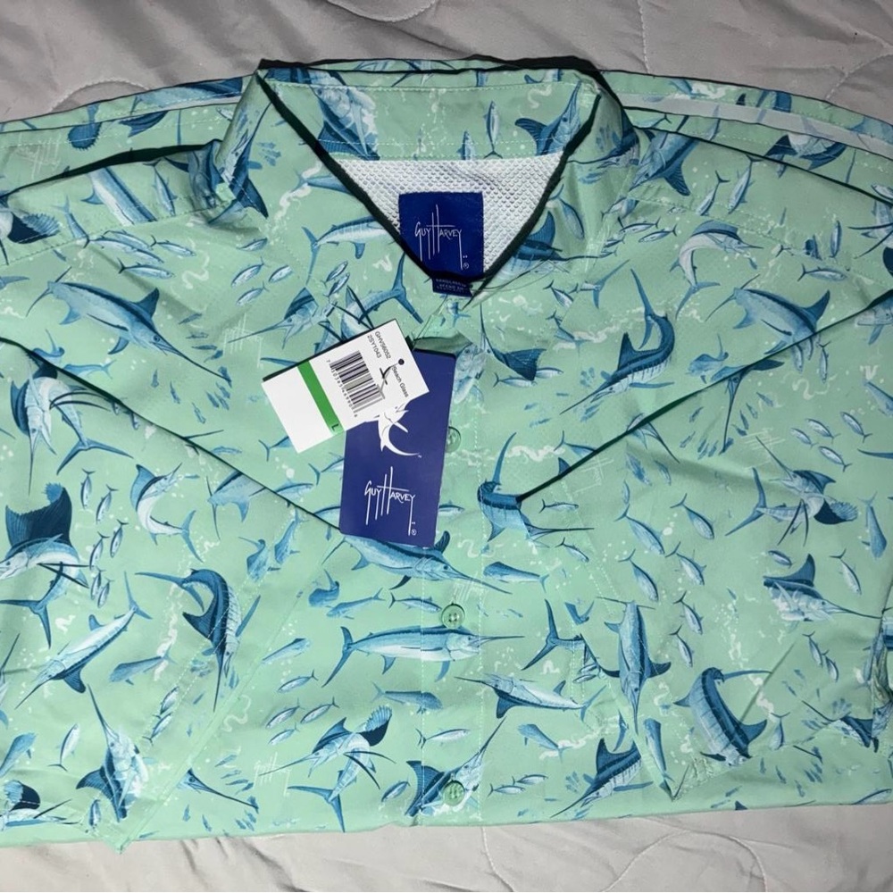 Guy Harvey Ocean-Themed Green and Blue Casual Shirt